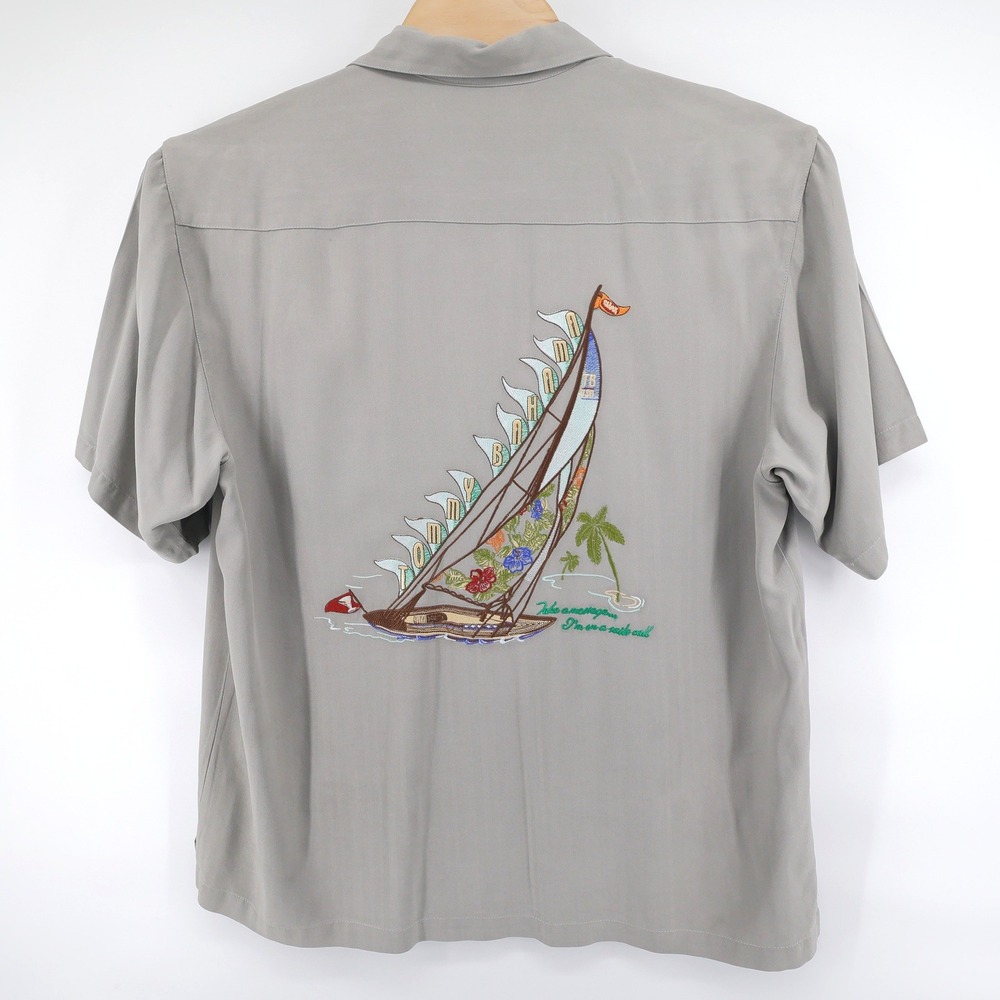 Tommy Bahama Embroidered Sailboat Silk Camp‎ Shirt Gray Mens Large